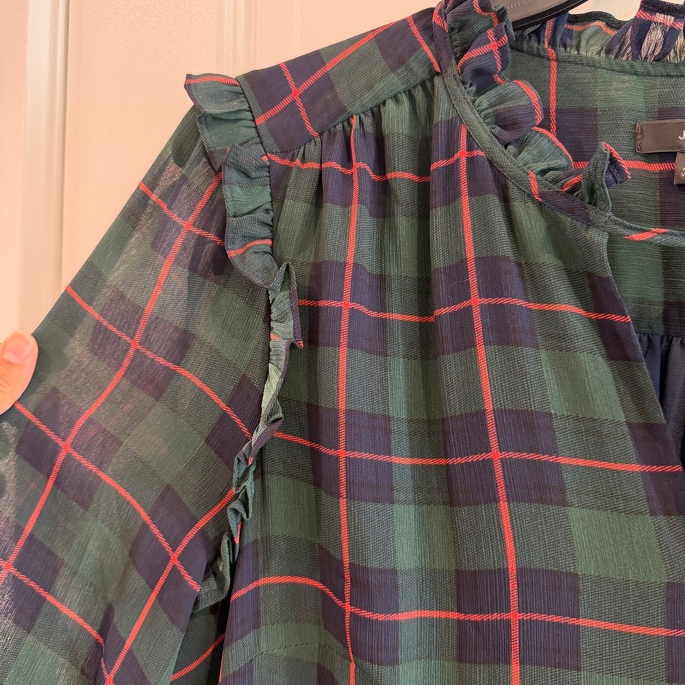 J. Crew Tie Neck Tiered Dress in Black Watch Tartan Green Navy Red Color sz XL - Picture 7 of 14